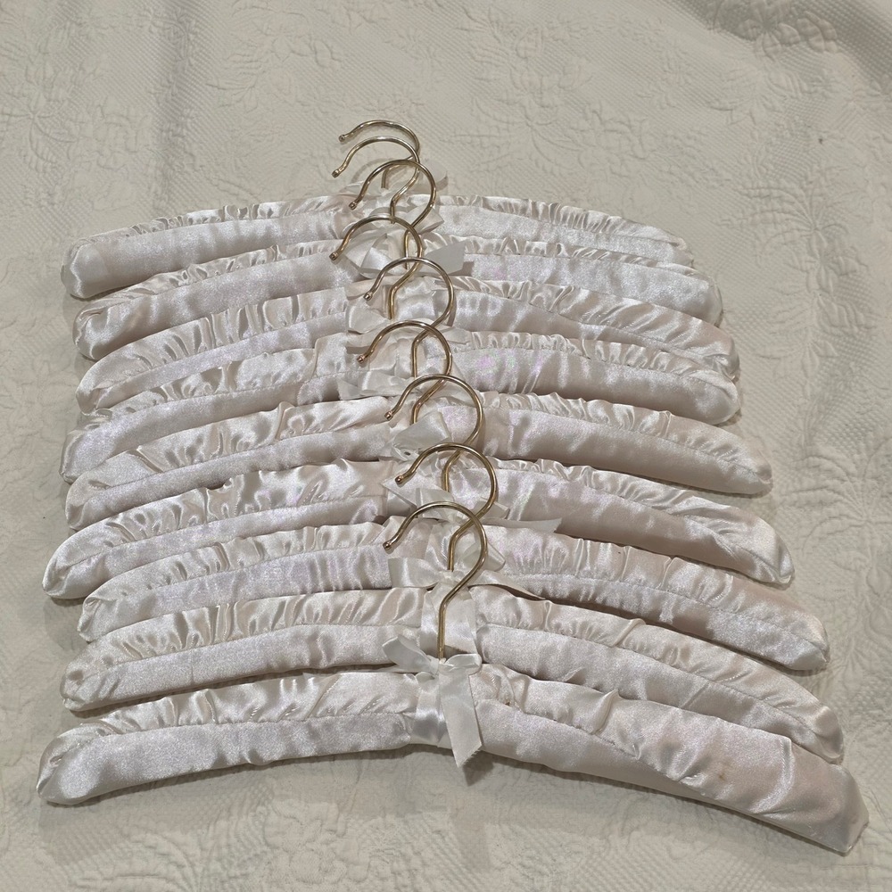 Vtg Cream Satin Padded Hangers Set of 9 Gold Swivel Hook Ruched Bridal Read flaw